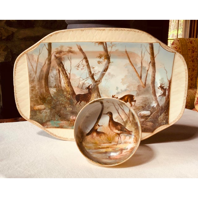 Yellow 19th Century Magnificent Limoges Game Platter With Compote - Hand-Painted Forest Scene For Sale - Image 8 of 18