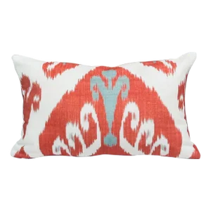 12" X 20" Lumbar Pillow Cover in Abstract Thibaut Indies Ikat in Coral - Both Sides