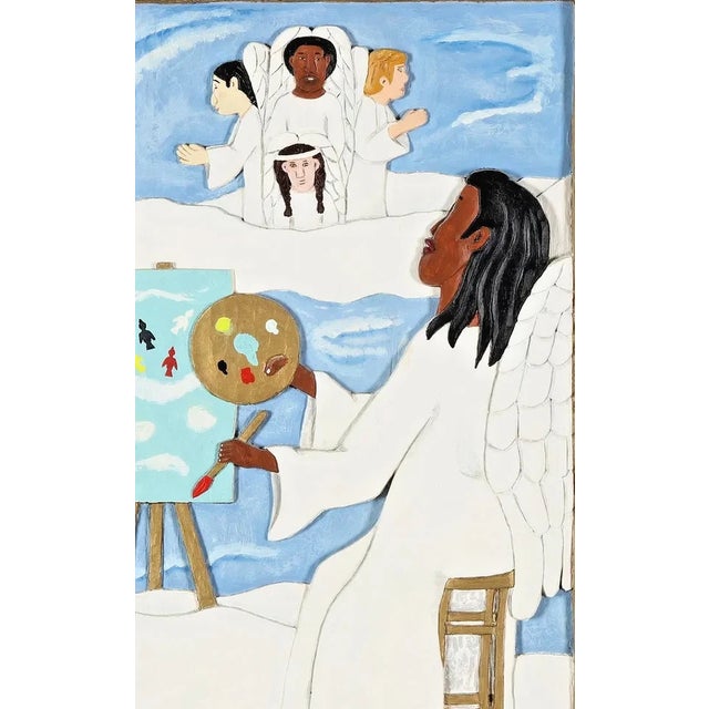 Folk Art 1960s Sharon Hardy (Fl), Folk Art Relief Carving of an Black Angel at an Easel For Sale - Image 3 of 6
