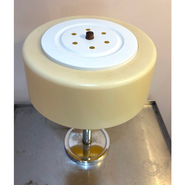 1950s-60s midcentury chrome w/ plastic shade Bauhaus style table lamp. Some mild patina to metal at base of lamp as shown....