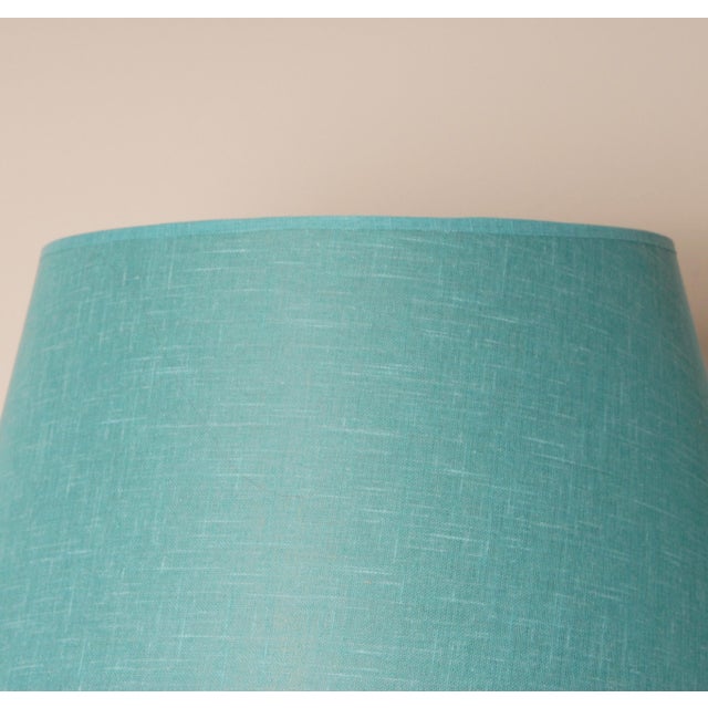 Vintage French Country Lamps Wood Turquoise Linen Lampshades a Pair For Sale - Image 10 of 11