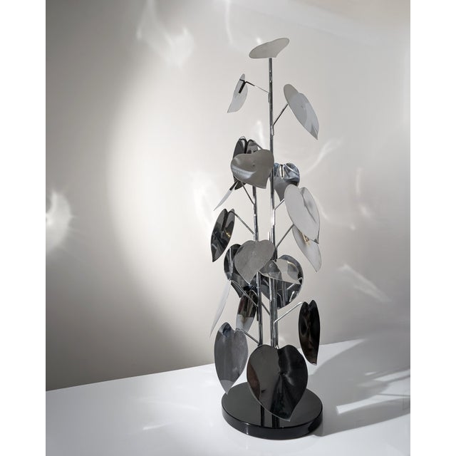 Standing Sculpture with Leaves and Circular Base, 1970s, Chrome Plated Metal For Sale - Image 6 of 11