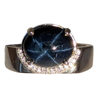 6.15ct Star Sapphire Ring With Natural Diamond Accents: Solid 14k Gold, 11x9mm, Size 6.75 For Sale
