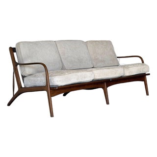 Teak 3-Seater Sofa With Spindle Back and Fabric Cushions Danish Mid-Century Modern 1960s For Sale