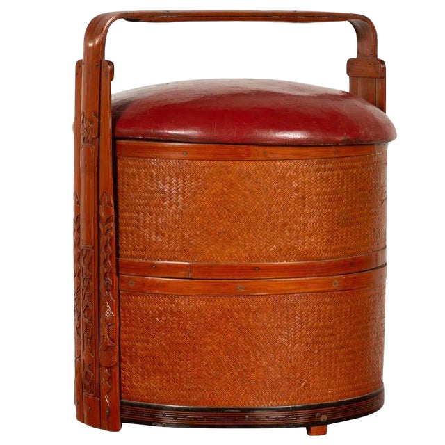 Chinese Red Lunch Basket with Carved Handle For Sale