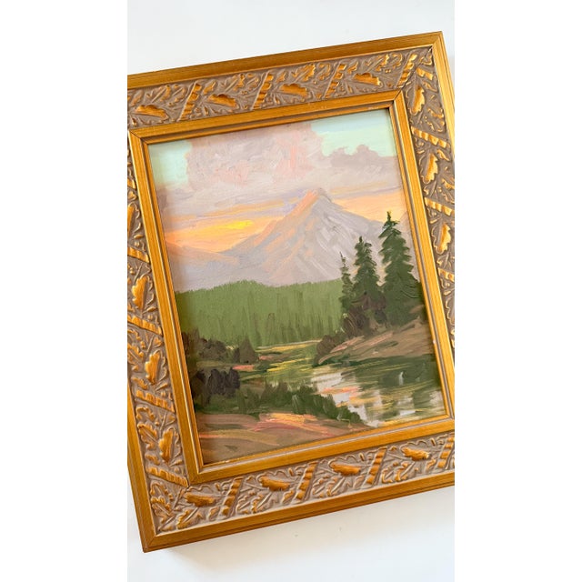 Impressionist Mountain Landscape Painting on Canvas, Framed in Gilt Carved Oak Leaf Frame For Sale - Image 3 of 8