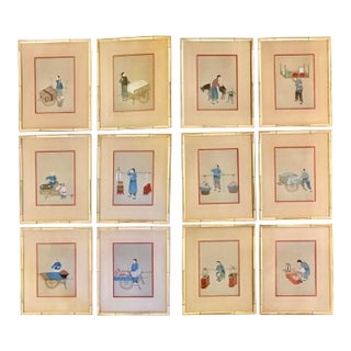 Set of Twelve Chinese Gouache Paintings in Bamboo Frames For Sale
