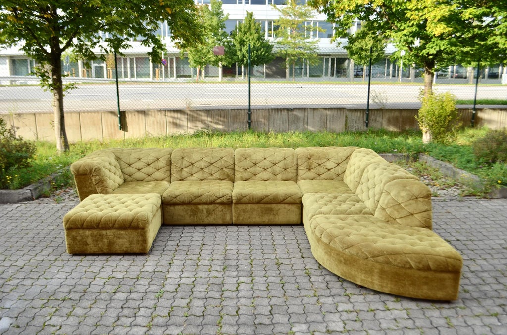 Modular Sofa in Olive Green Velvet by Laauser, 1970s, Set of 7