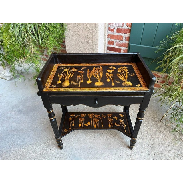 Antique English Sofa Side Table Decoupage Botanical Floral Black Gold C1890 For Sale - Image 4 of 18