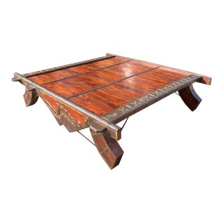 Antique Style Indian Asian Natural Wood and Metal Ox Cart Coffee Table For Sale