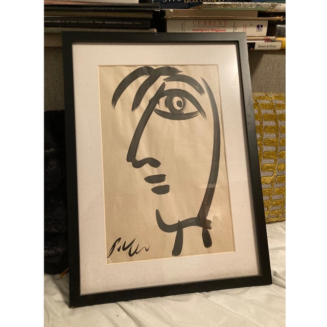 Late 20th Century Framed Peter Keil Picasso-Style Line Portrait — Abstract Face Drawing in Black Frame For Sale - Image 6 of 6
