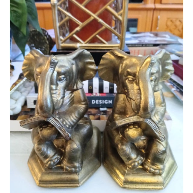Vintage Elephant Reading a Book Metal Gold Bookends- a Pair For Sale In West Palm - Image 6 of 8
