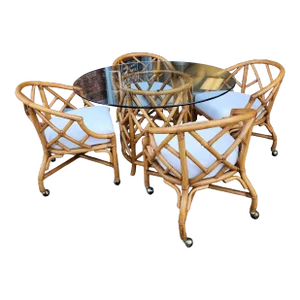 Mid 20th Century Chinese Chippendale Style Rattan Barrel Dining Chairs and Table - Set of 5