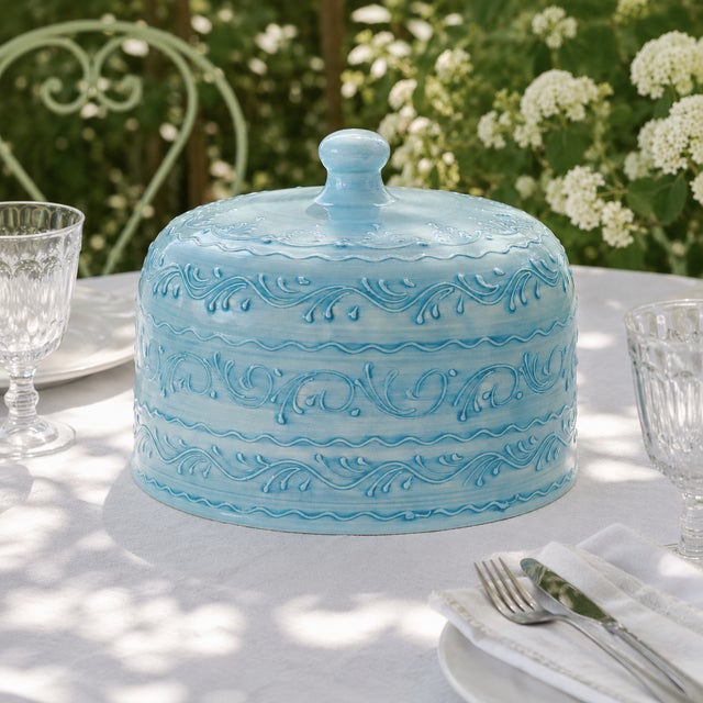 Unique. Superb and very large handcrafted ceramic display cloche, wheel-thrown and glazed in sky blue/turquoise. Adorned...