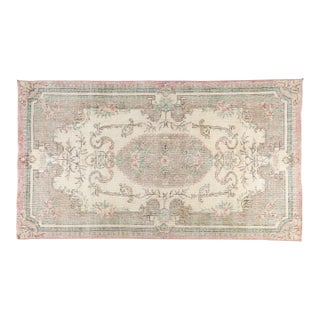 1960s Muted Sage Green and Soft Rose Pink Turkish Rug For Sale