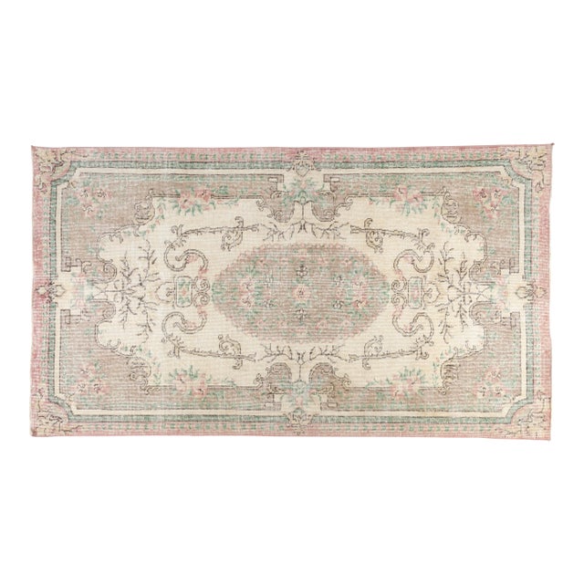 1960s Muted Sage Green and Soft Rose Pink Turkish Rug For Sale