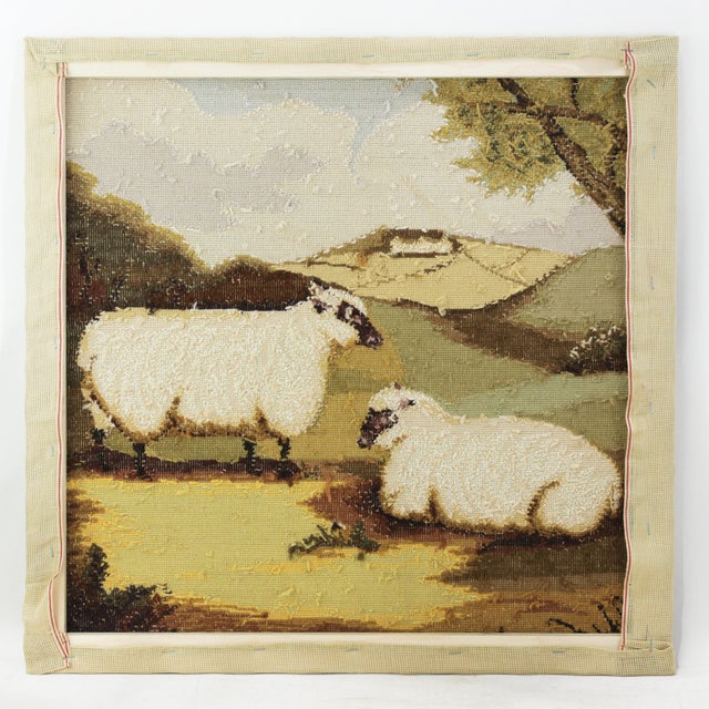 Vintage Sheep in Landscape Needlework – Pastoral Farm Scene Textile Art With Black-Faced Ewes For Sale - Image 9 of 10