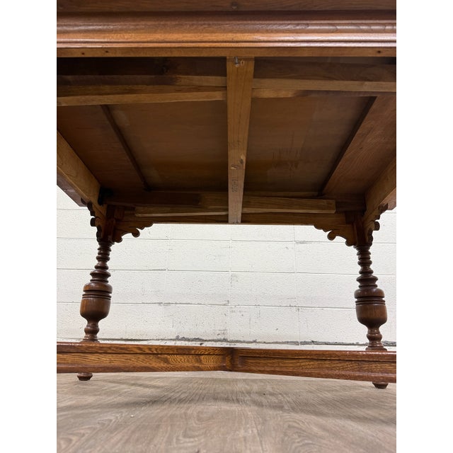 Vintage Old English Tudor Jacobean Revival Style Oak Draw Leaf Dining Table For Sale - Image 9 of 18