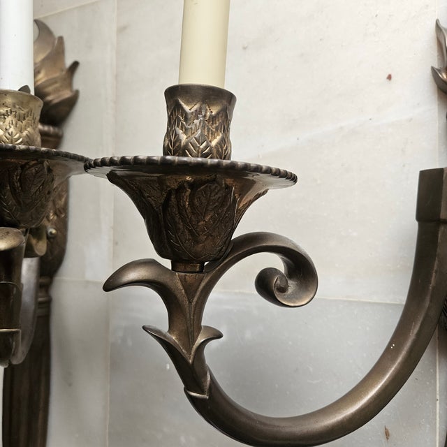 Large Neoclassical Regency Bronze Flame Motif Wall Sconces - a Pair For Sale In Miami - Image 6 of 11
