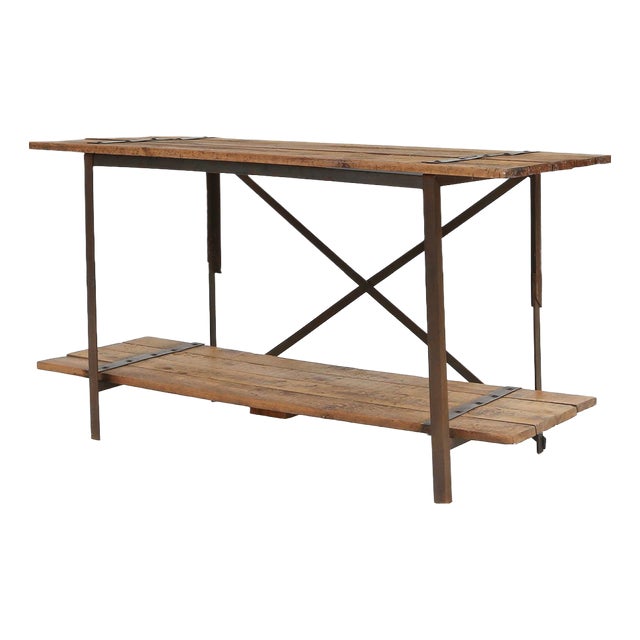 Industrial Side Table with Metal Frame, Wooden Top and Removable Platform, Belgium, 1920s For Sale