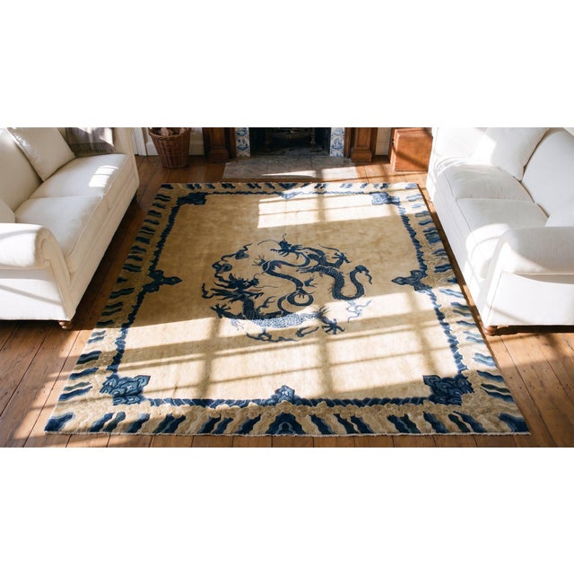 1890s Ivory Blue Tan Antique Chinese Peking Dragon Carpet 8' X 9'8" Wool Rug For Sale - Image 13 of 14