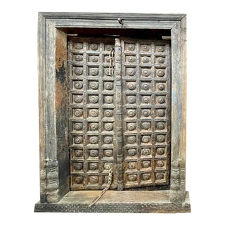 Antique Indian Teak Door, Sun Bleached Rustic Iron Medallions Veranda Courtyard Doors 83x58 For Sale