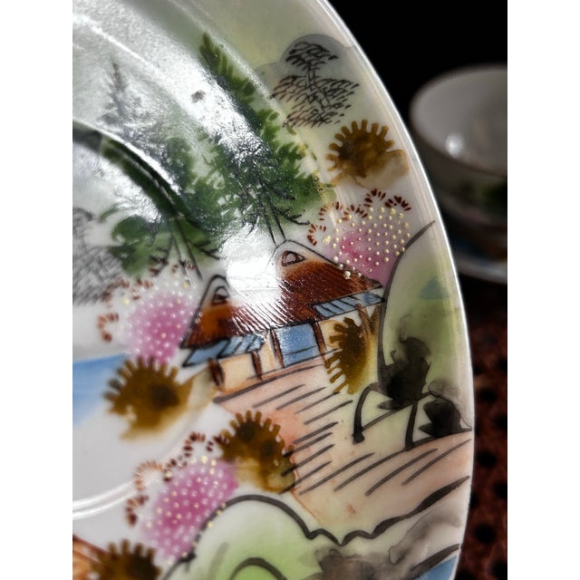 Ceramic 1930s Japanese Kutani Lithophane Cup & Saucer Set of 3 Taisho Showa Fuji Signed For Sale - Image 7 of 12