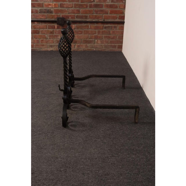 Pair of Gothic Revival Firedogs / Andirons With Basket Twist and Scroll Motif For Sale - Image 9 of 15