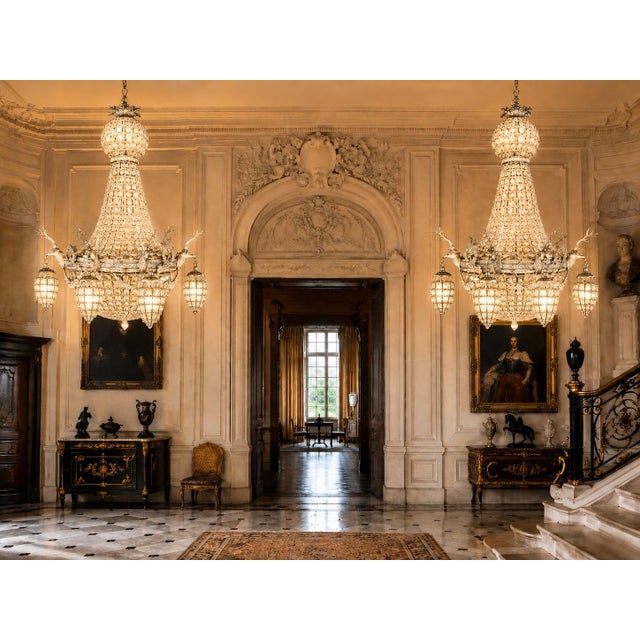 A rare and dramatic pair of 1960s French Louis XVI Rococo–style deer chandeliers, made in Europe and crafted from cast...