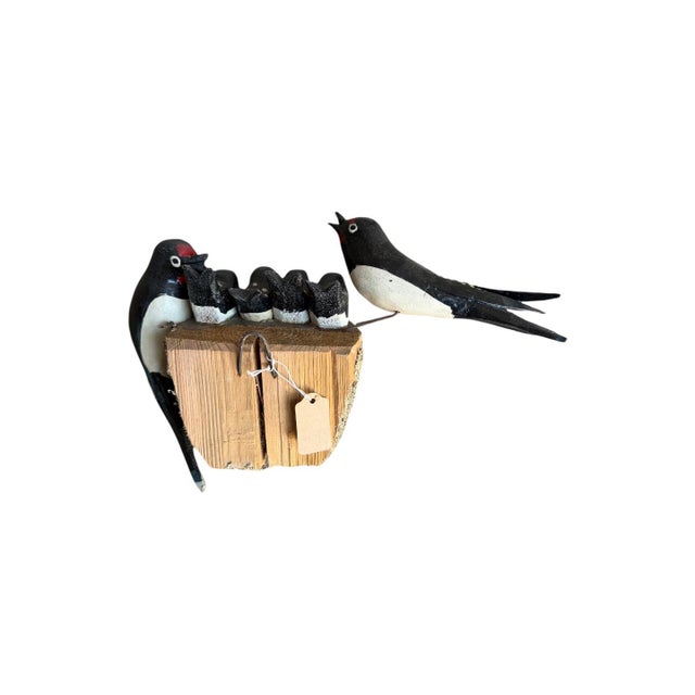 Cabin Wood Carved Swallows With Nest and Babies For Sale - Image 3 of 5