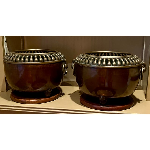 Antique Japanese Art Deco Taisho Bronze Cachepot Planters or Orchid Pots, Circa 1920 - A Pair For Sale - Image 14 of 18