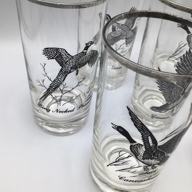 Figurative Vintage Federal Platinum Rim Game Bird/Sportsman Cocktail Glasses - Set of 8 For Sale - Image 3 of 12