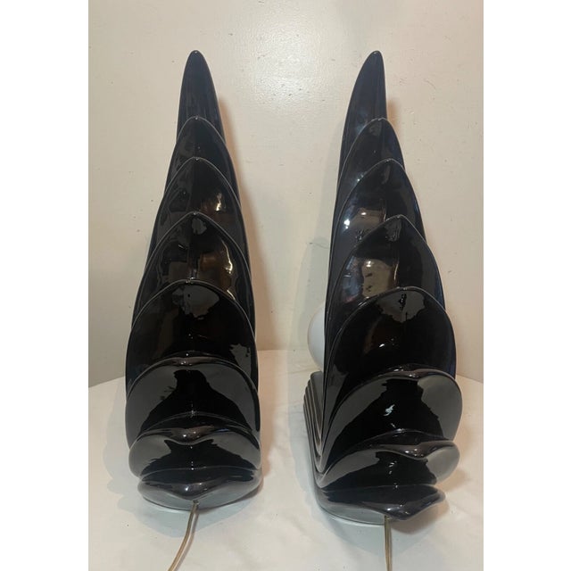 Glass Large Pair of Vintage Mid Century Modern Wave Flame Black Ceramic Table Lamps For Sale - Image 7 of 9