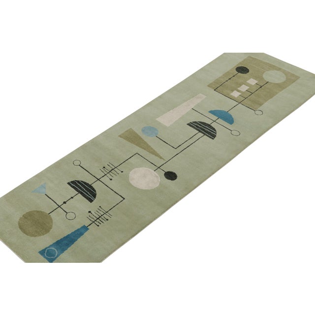 Mid-Century Modern Midcentury Modern Runner in Green, Blue, White & Black Geometric Patterns For Sale - Image 3 of 7