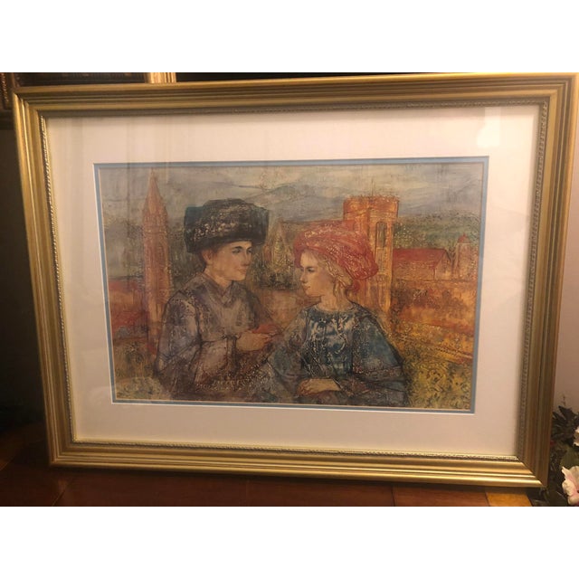 Beige 1980s Vintage Framed Edna Hibel "Lovers of Florence" Limited Edition Lithograph For Sale - Image 8 of 12