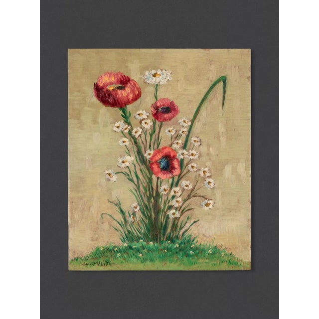 Poppy and Sunflowers, 1960s, Oil Paintings on Plate, Framed, Set of 2 For Sale - Image 4 of 11