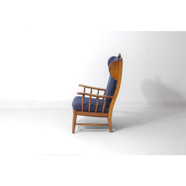 Rustic French Lounge Chair in Oak and Blue Fabric, 1960s For Sale - Image 3 of 8
