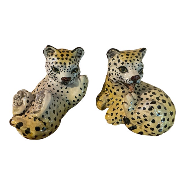 Hollywood Regency Italian Terracotta Majolica Leopard Cubs Jungle Cat -S/2 For Sale