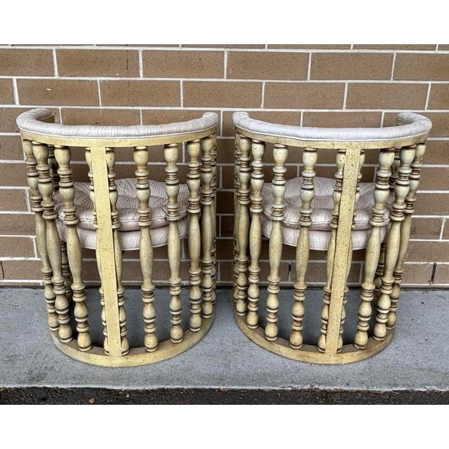 Hollywood Regency Vintage Hollywood Regency Distressed Cream Washed Spindle Barrel Chairs With Chinese Horseshoe Design, a Pair For Sale - Image 3 of 11