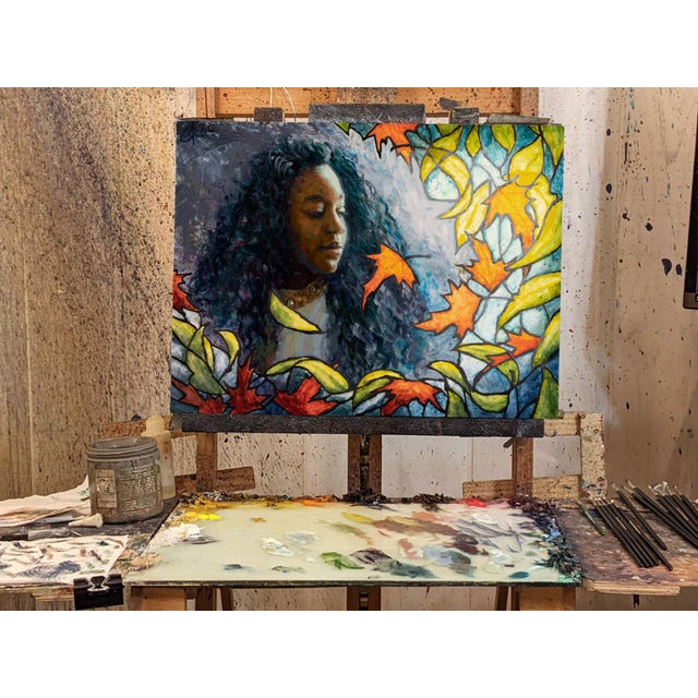 This mixed media piece on wood panel captures a contemplative figure surrounded by vibrant, swirling leaves in autumn...