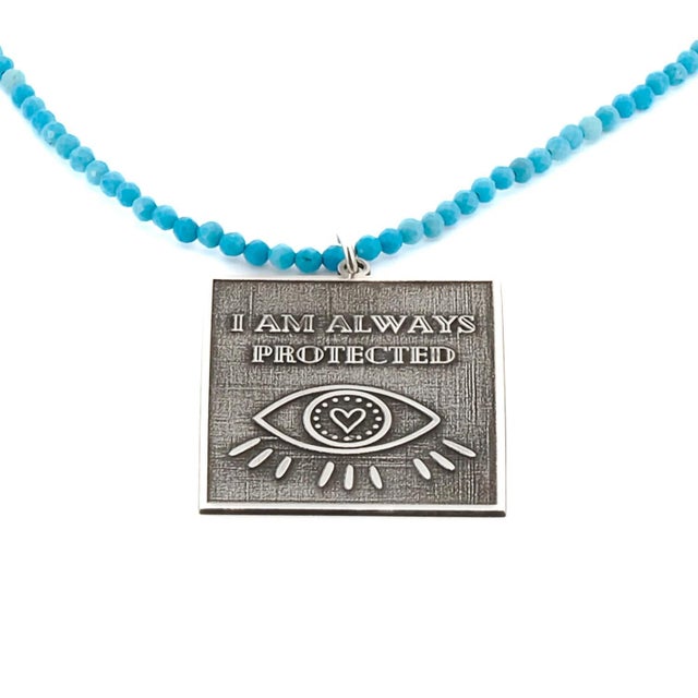 Sterling Silver I Am Always Protected Pendant Turquoise Stone Beaded Necklace For Sale In Miami - Image 6 of 10