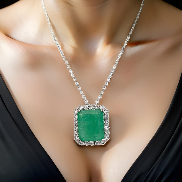 Natural Emerald Diamond Necklace 18" 14k White Gold 2.64 TCW Certified For Sale - Image 4 of 12