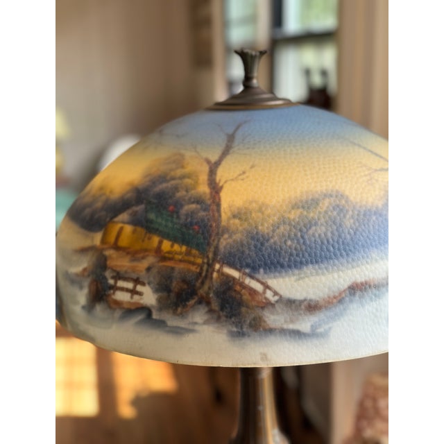 Early 20th Century Pittsburgh Reverse-Painted Winter Landscape Table Lamp – 17" Shade For Sale - Image 9 of 17