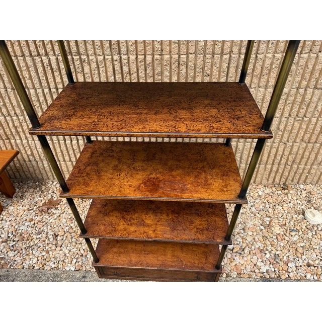 Vintage Hollywood Regency Style Brass Frame Burled Wooden Shelves Bookcase Etagere For Sale - Image 14 of 17