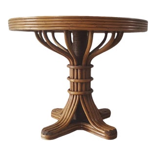 Late 20th Century Vintage Boho Chic Rattan Round Bamboo Dining Table For Sale