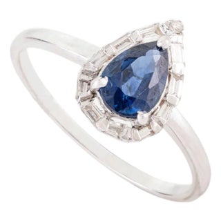 Natural Blue Sapphire Diamond Pear Engagement Ring Size 8 in 14k White Gold For Sale