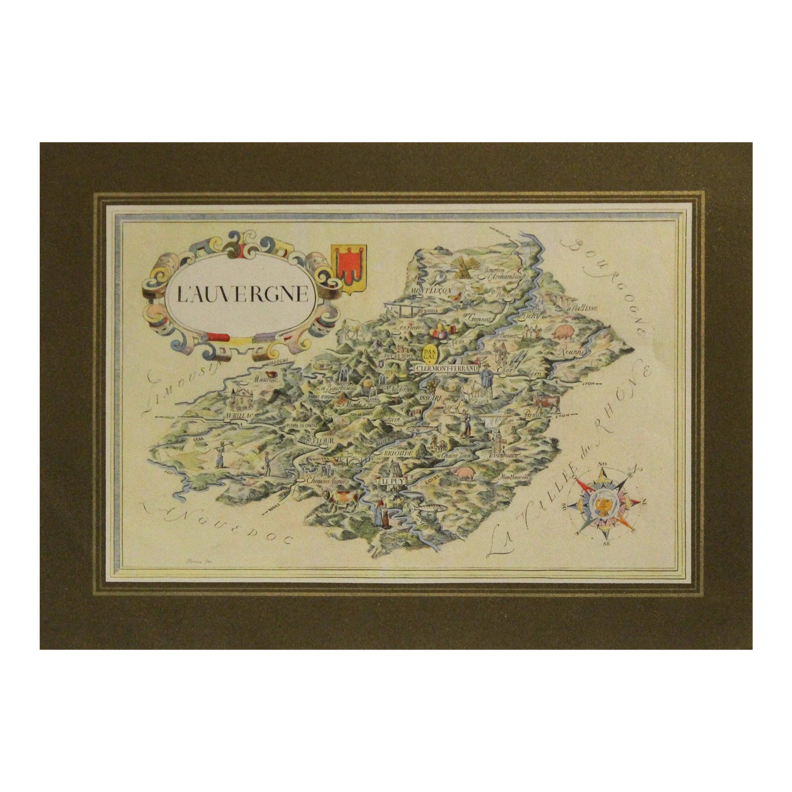 1960's Original French Vintage Mini Map, l'Auvergne (Horizontal) | Chairish