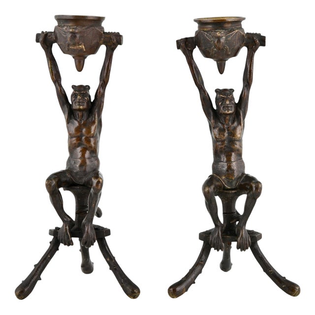Antique Gothic Revival Bronze Mephisto Candlesticks, 1880, Set of 2 For Sale
