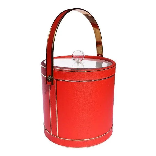 MidCentury Red Ice Bucket With Lucite Acrylic Top With Handle and