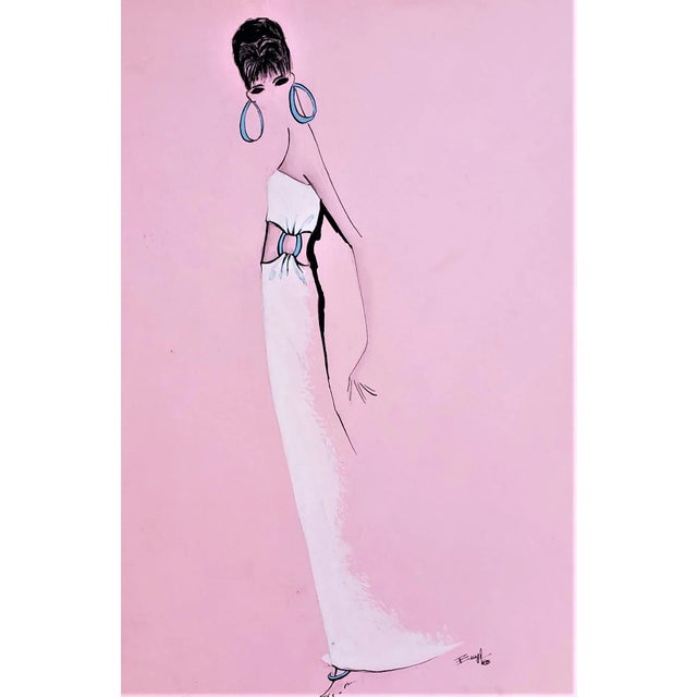 1960s 1960s Large Mid-Century Italian Fashion Drawing in Watercolor For Sale - Image 5 of 5